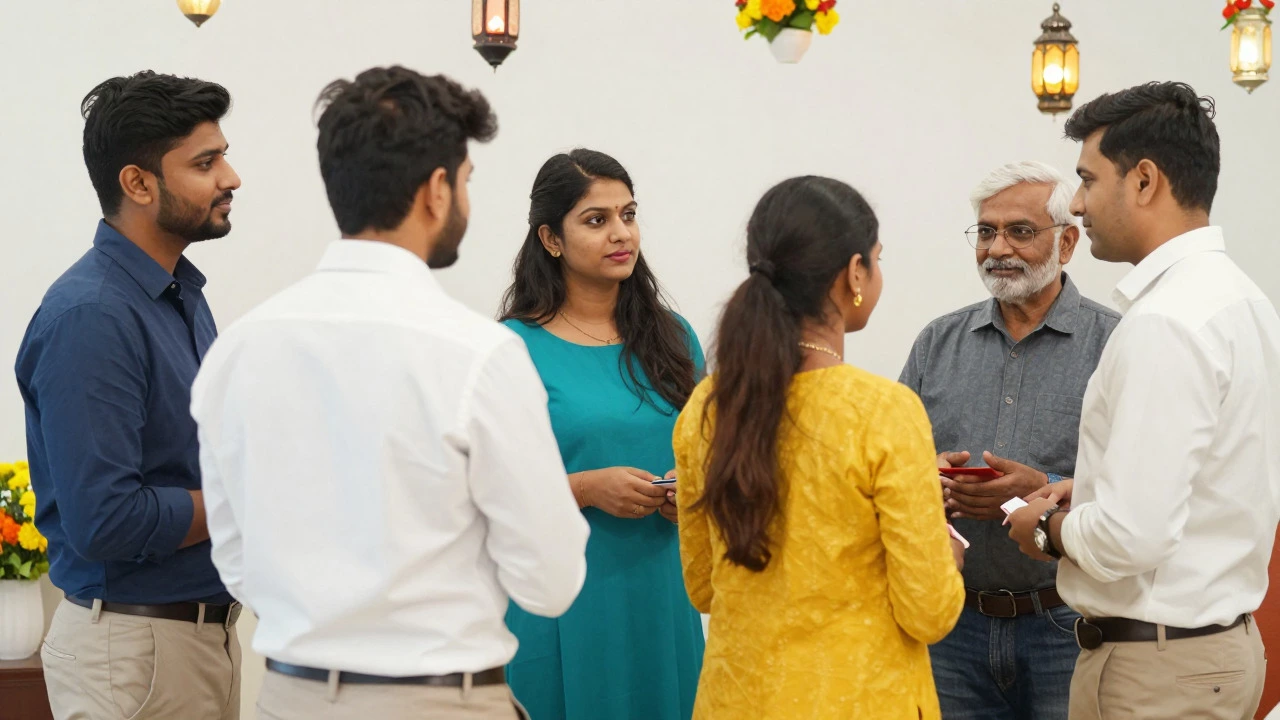 Professionals networking and building trust at a local Indian social club