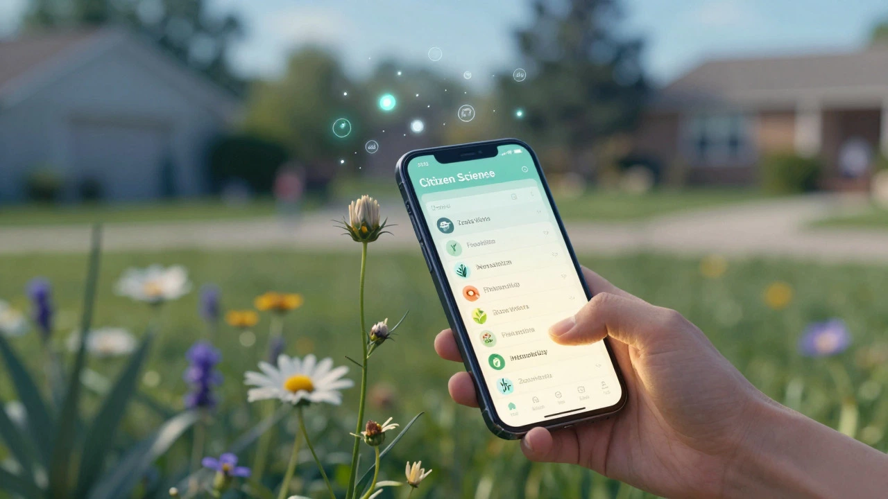 Smartphone scanning a flower in a garden for citizen science data