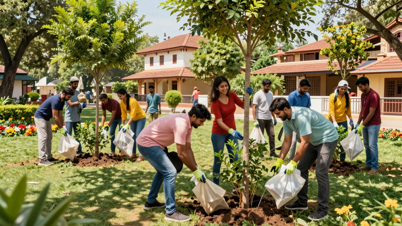 Volunteers planting trees together in a vibrant Indian neighborhood park