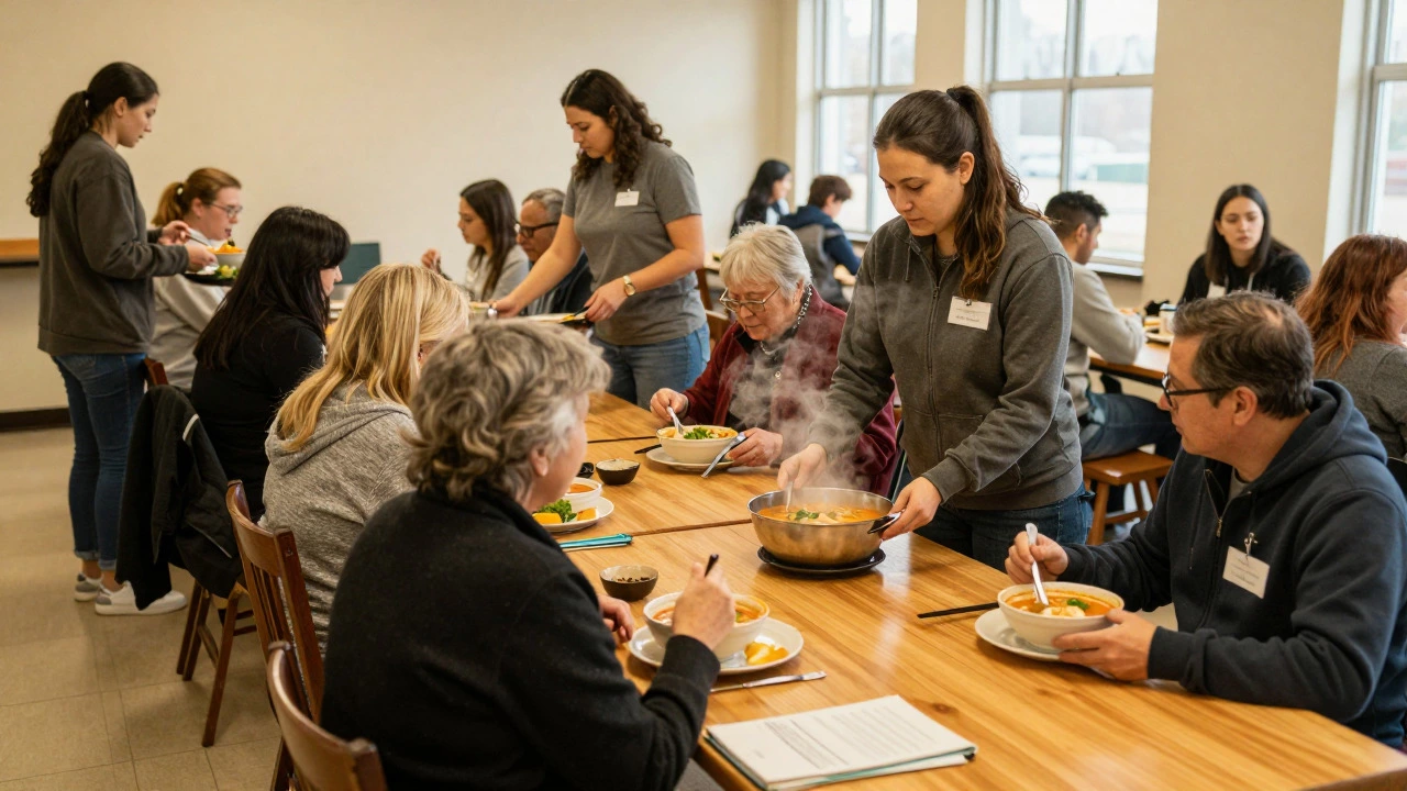Volunteers serving hot meals to residents in a warm community shelter dining hall