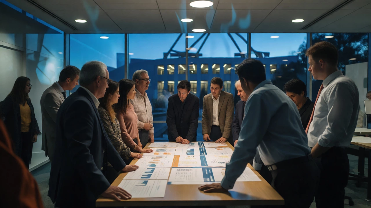Advocacy team discussing environmental policy in a modern office at dusk
