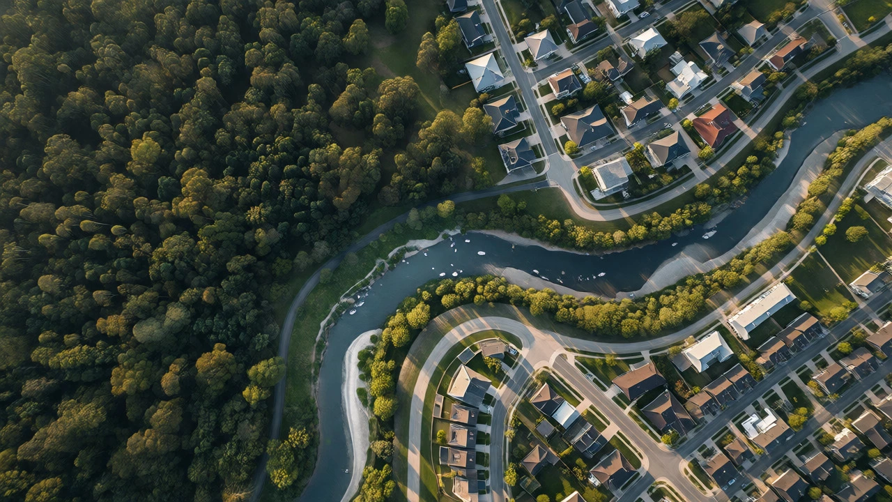 Aerial view of a forest meeting a suburb and river showing landscape ecology