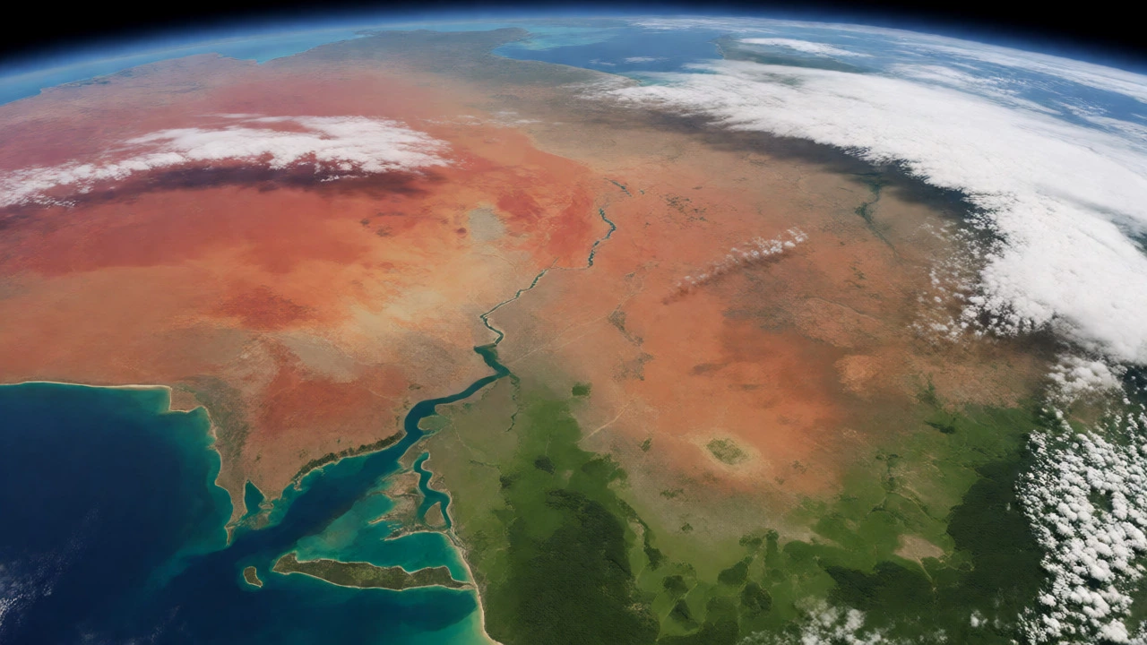 Aerial view transitioning from red desert biome to green forest biome, suggesting global scale.