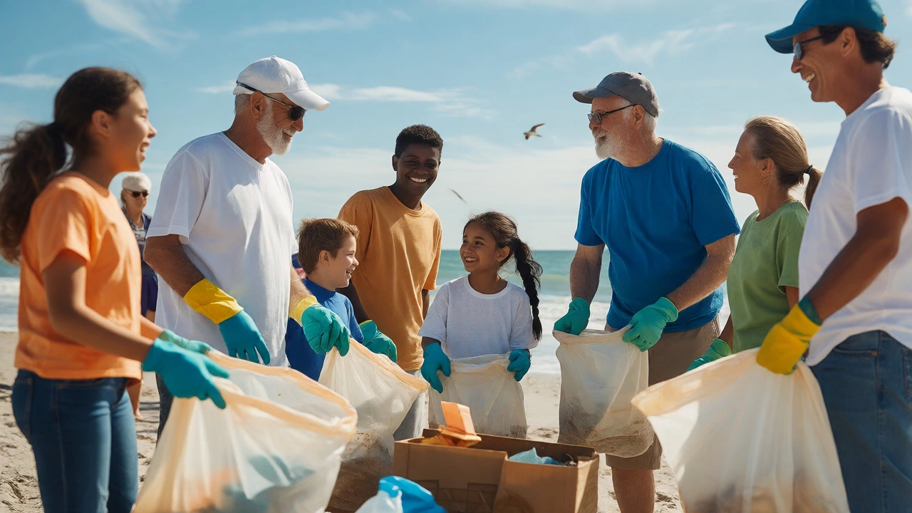 Diverse volunteers collecting trash during a sunny community beach clean-up