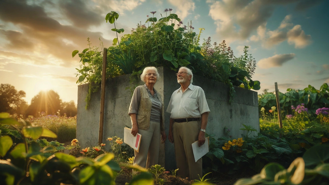 Elderly couple standing before a blooming garden on a foundation