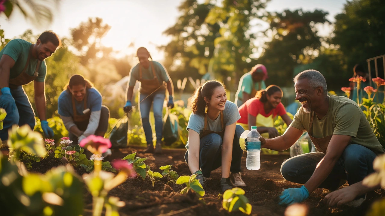 Happy volunteers gardening together in a sunny community space