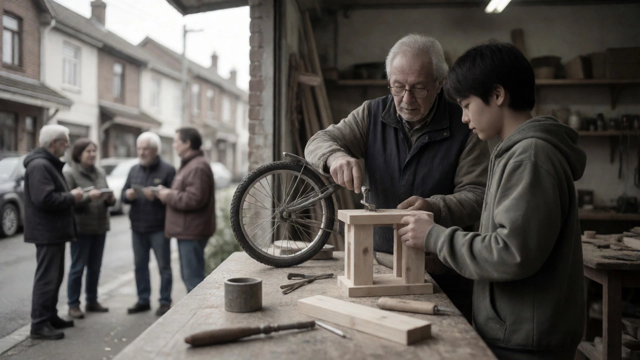 Older adult mentoring a youth in a workshop, fostering community connection