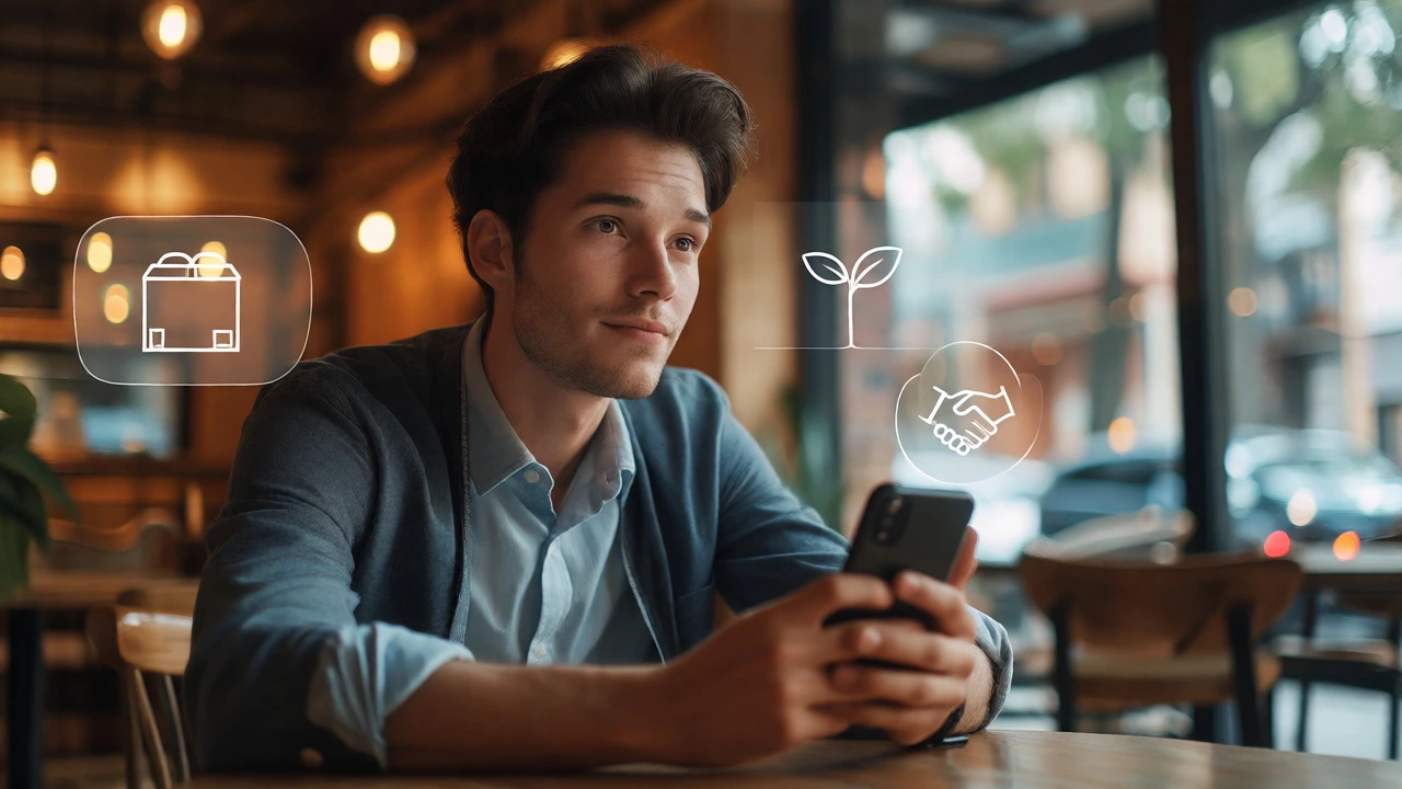 Person browsing volunteer opportunities on a phone in a cafe