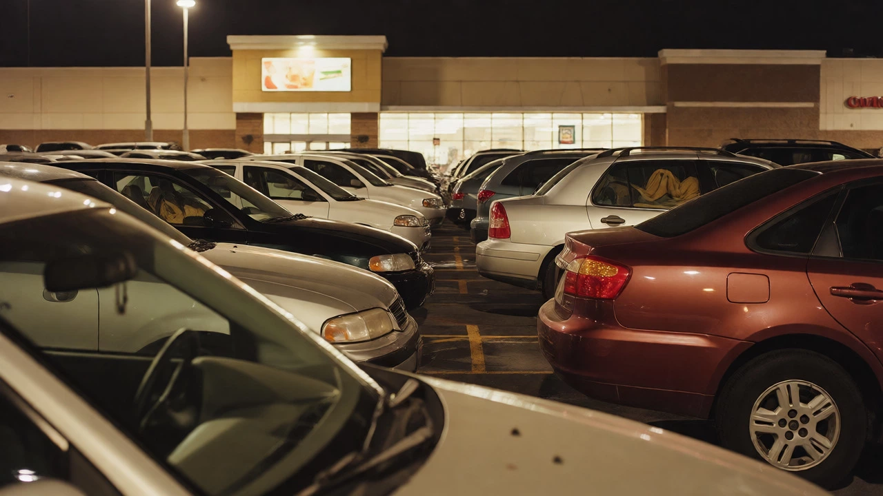 Row of cars with blankets visible, indicating long-term sleepers in a dim parking lot corner.