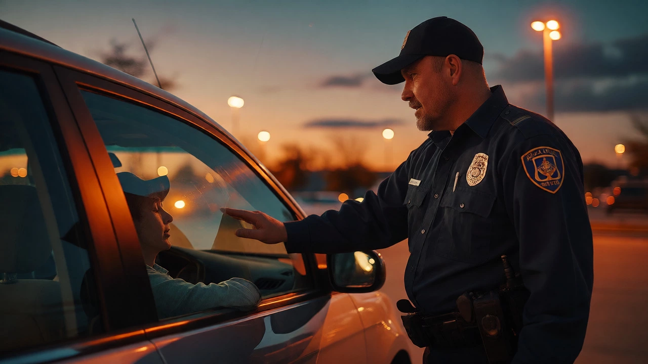 Security guard tapping on a car window to wake a sleeper in a retail parking lot.