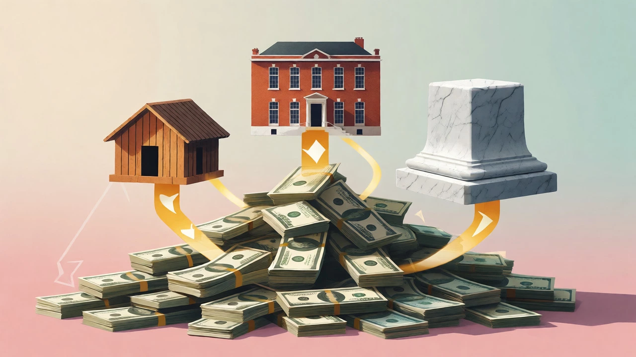 Three buildings growing from money representing different trust types