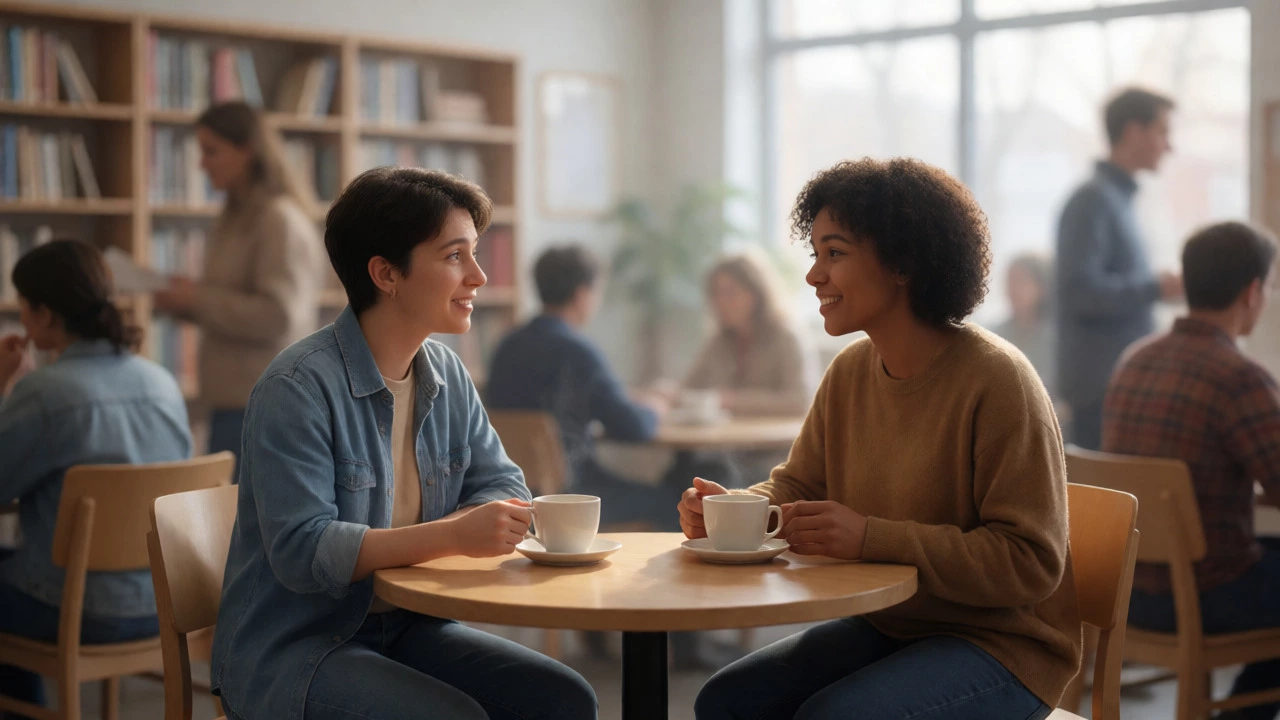 Two people sharing tea and conversation in a library