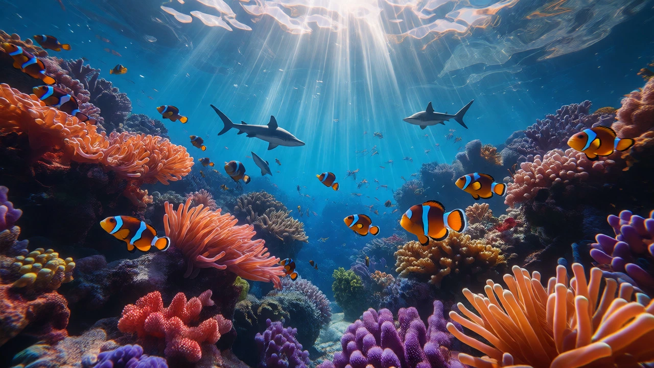 Vibrant coral reef with fish and sharks illustrating community and ecosystem interactions