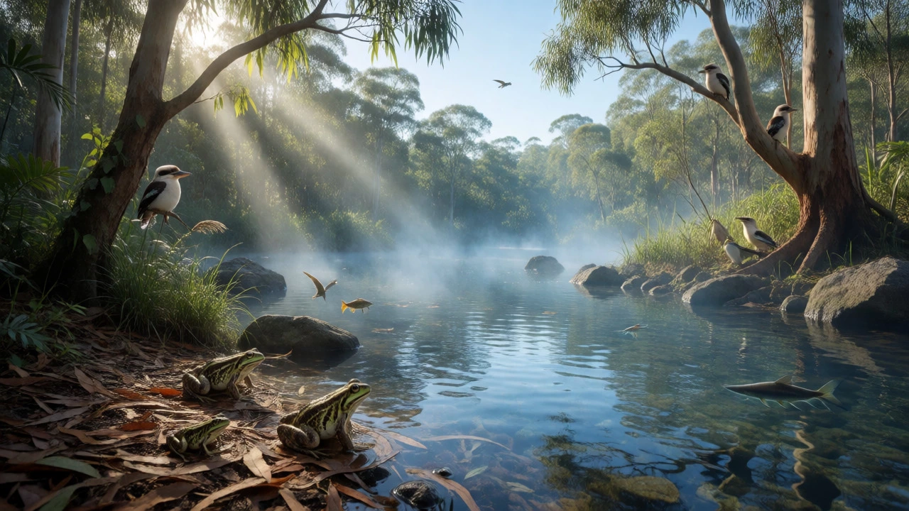 Wetland scene showing frogs, birds, and fish interacting amidst sunlight, water, and rocks.