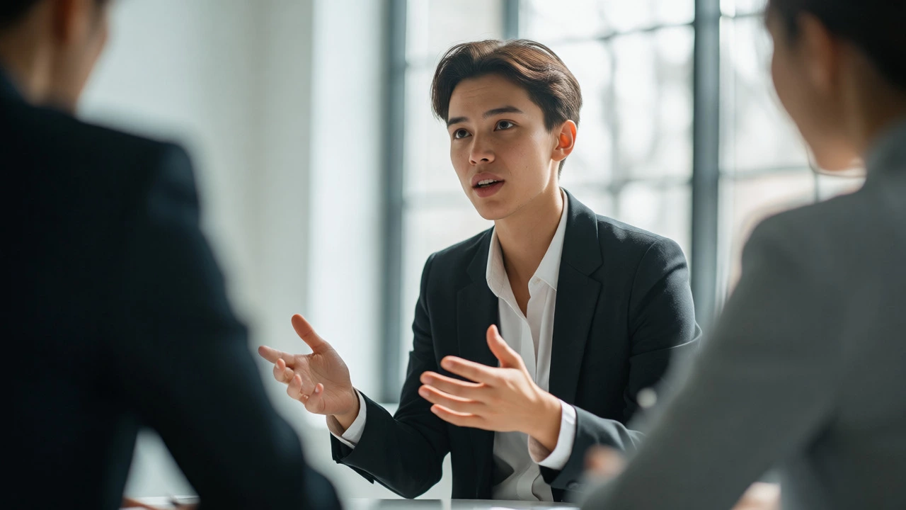Candidate confidently discussing volunteer stories during a job interview