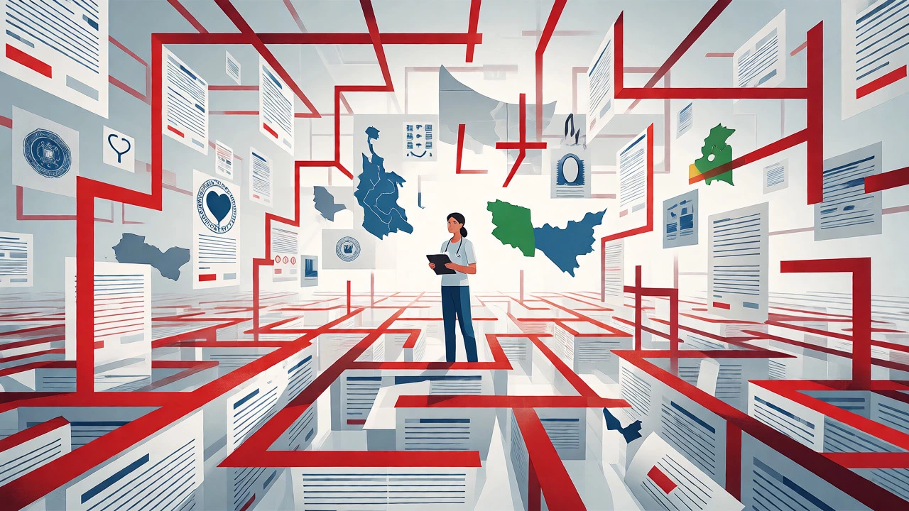 Caregiver navigating a conceptual maze of bureaucratic paperwork and rules