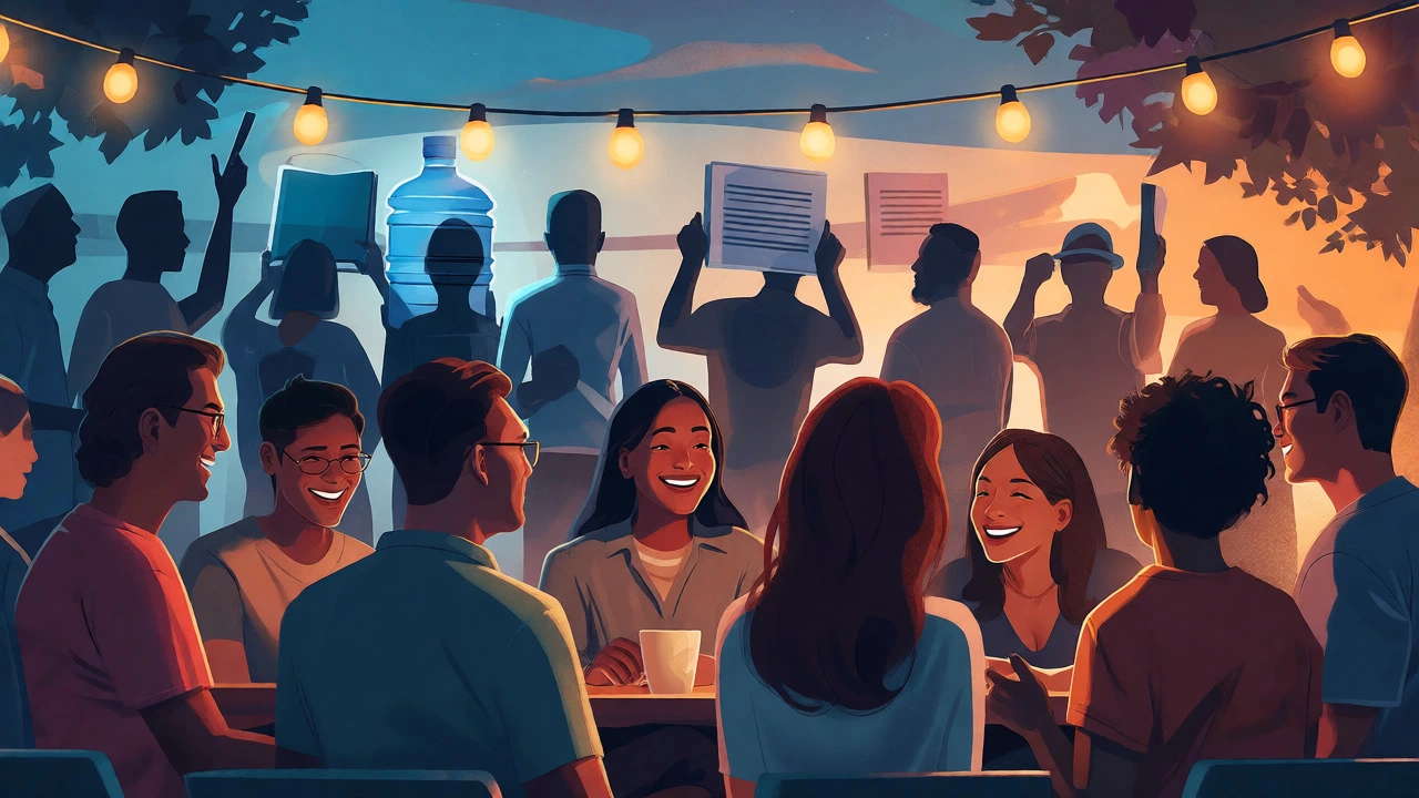 Community members gathering at an evening social event