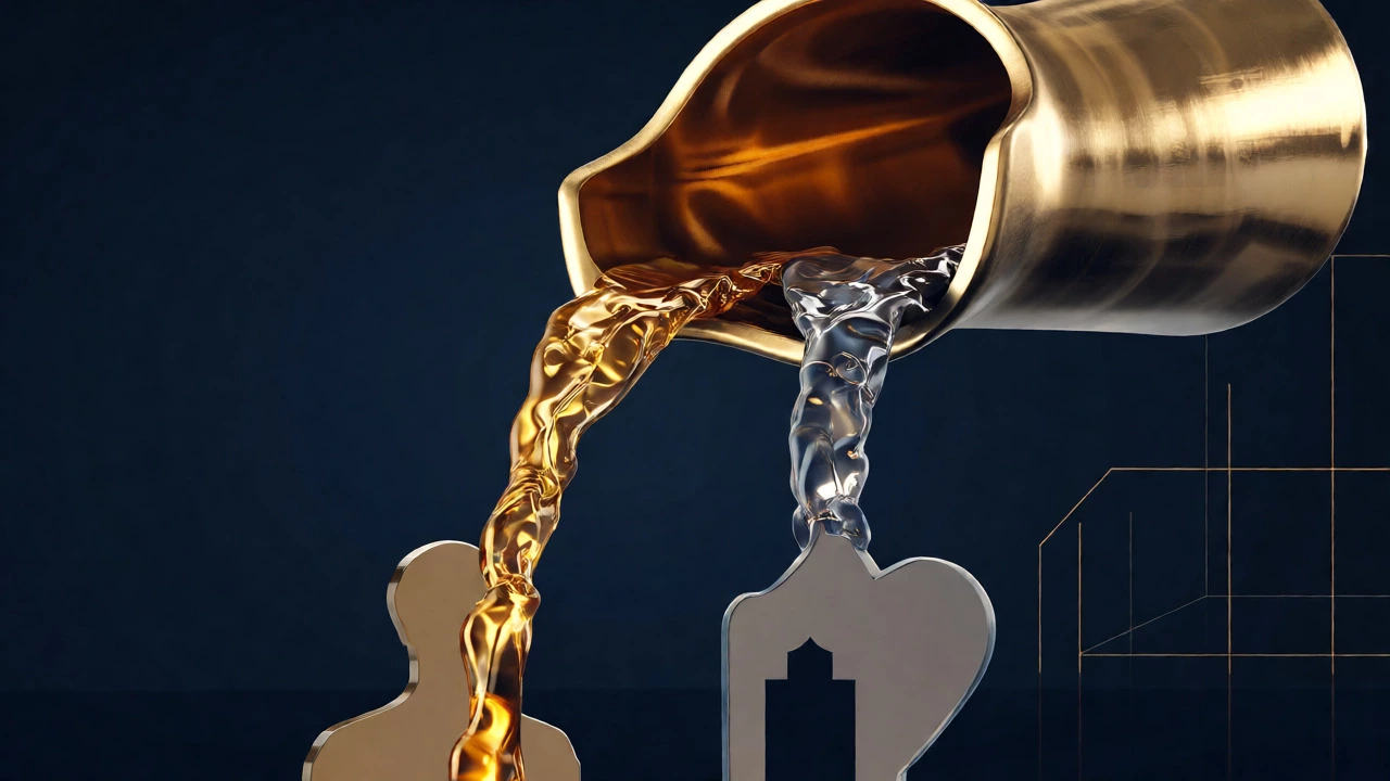 Empty golden vessel failing to distribute funds to donor and charity silhouettes.