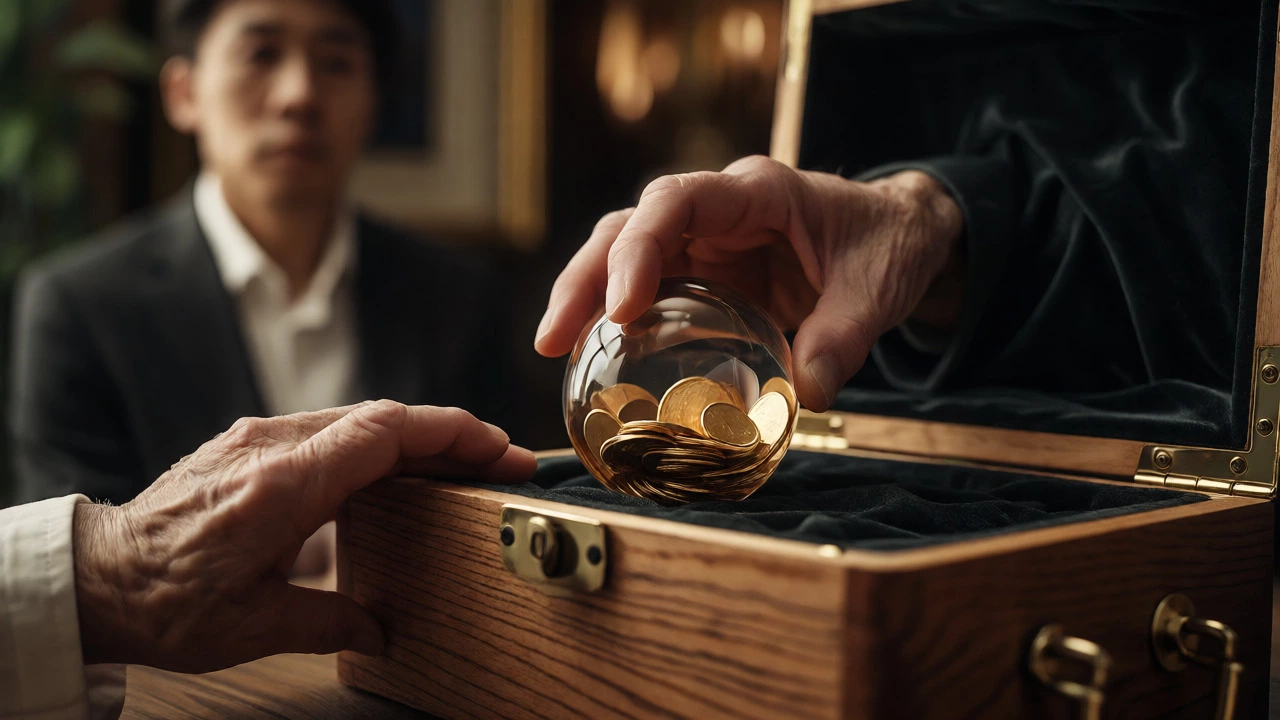 Hands placing a glass sphere of coins into a locked box