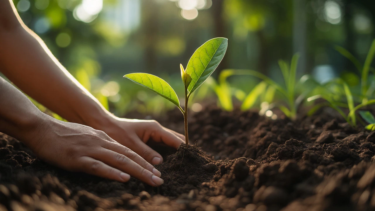 Hands planting a sapling in urban soil, symbolizing long-term charity.