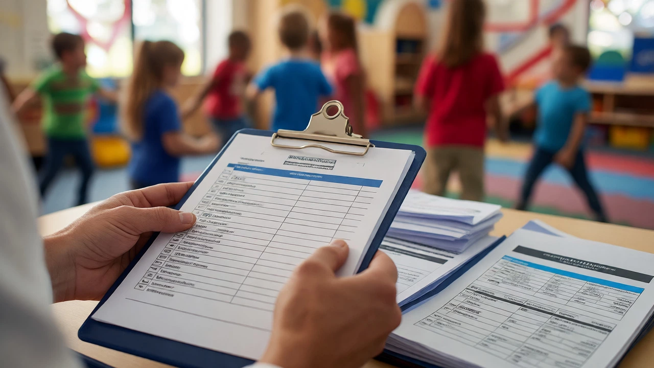 Organizer holding a checklist with blurred club activities and documents in the background.