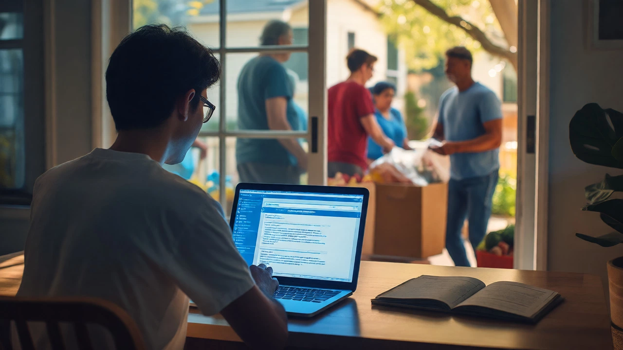 Person doing remote volunteering online with community work in background