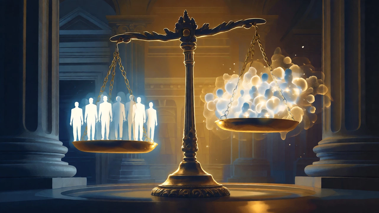 Scales of justice balancing individual interests against public benefit.