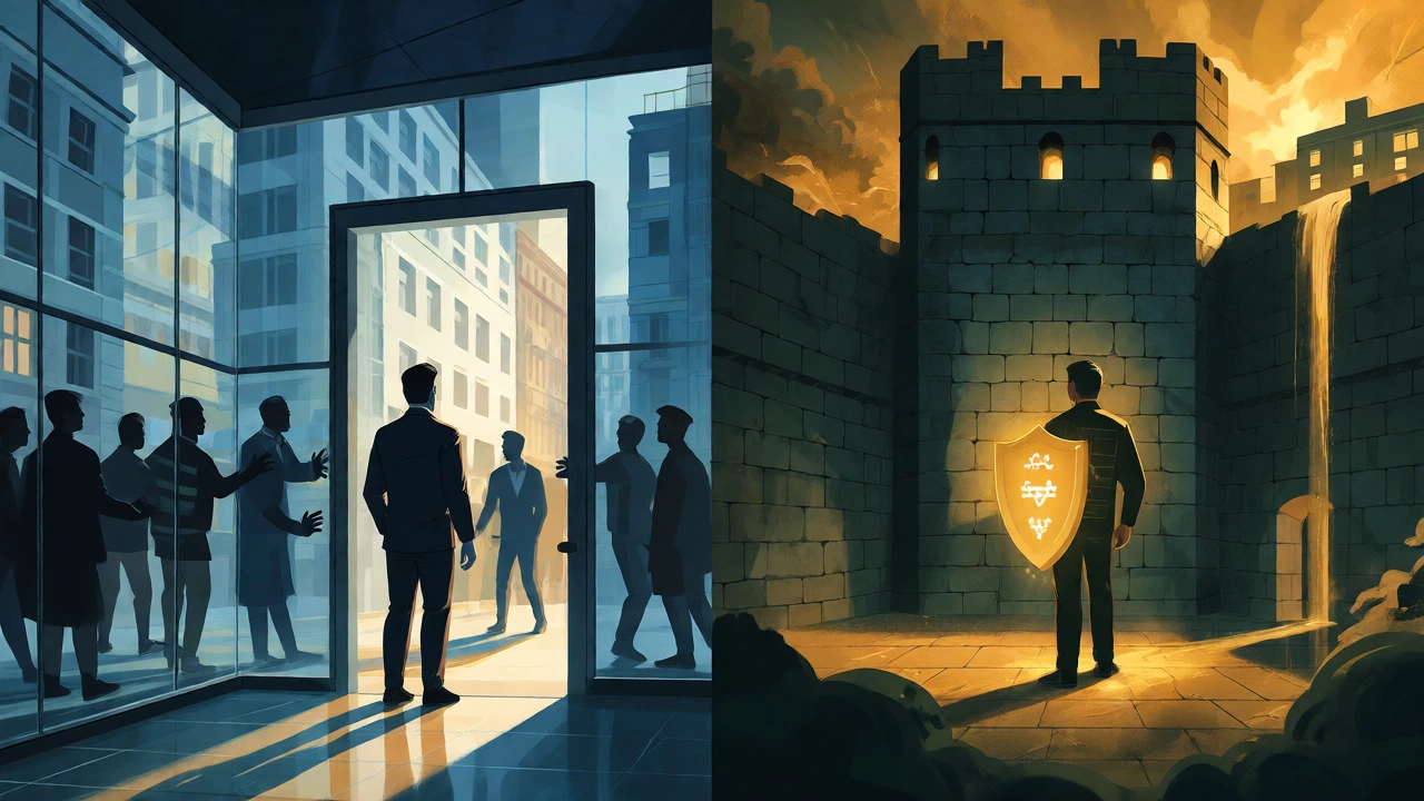 Split view of open glass house vs secure stone fortress