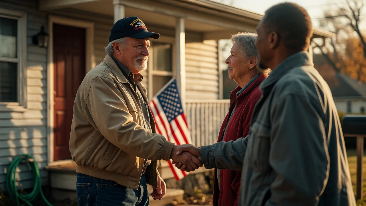 Veteran and relative shaking hands outside their home with an American flag