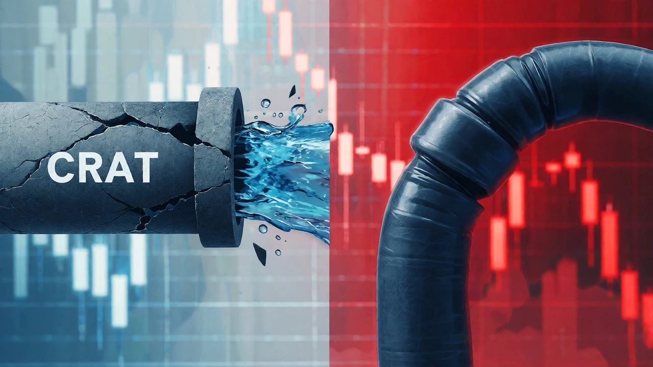 Visual metaphor comparing rigid CRAT pipes versus flexible CRUT hoses under stress.