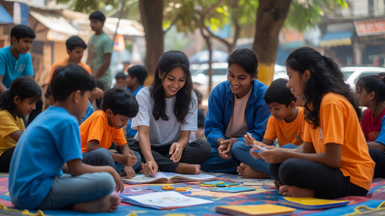 Young volunteers mentoring children during an outdoor educational activity